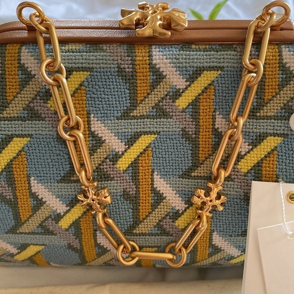 Tory Burch Cleo Basketweave Blue Caning Logo Geo Needlepoint Small Bag - Picture 12 of 15